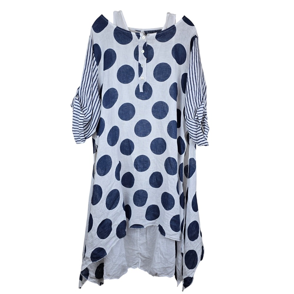 M Made in Italy Lagenlook Dress Blue White Polka Dot Stripe Mixed Media M